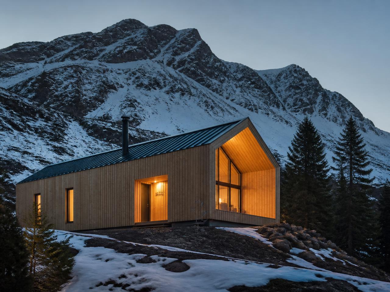 Rifugio contemporaneo in legno con finestre illuminate davanti a una montagna innevata