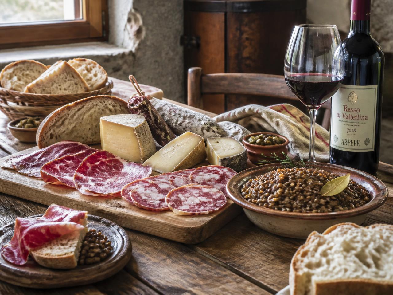 Tavola con salumi, formaggi, lenticchie e vino rosso della tradizione dei Sibillini