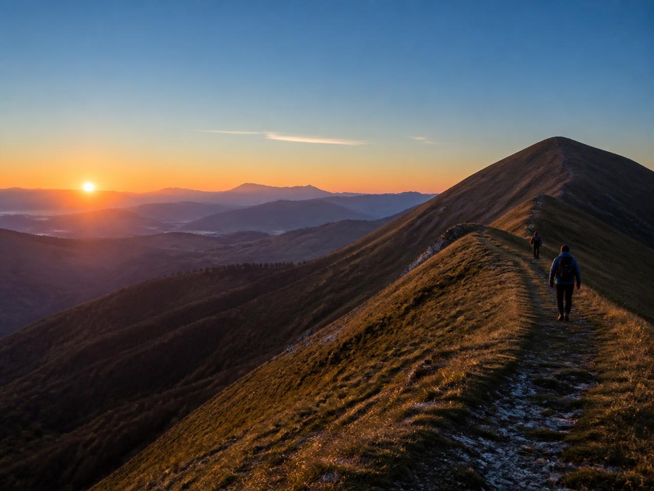 Escursionisti lungo una cresta dei Monti Sibillini all'alba