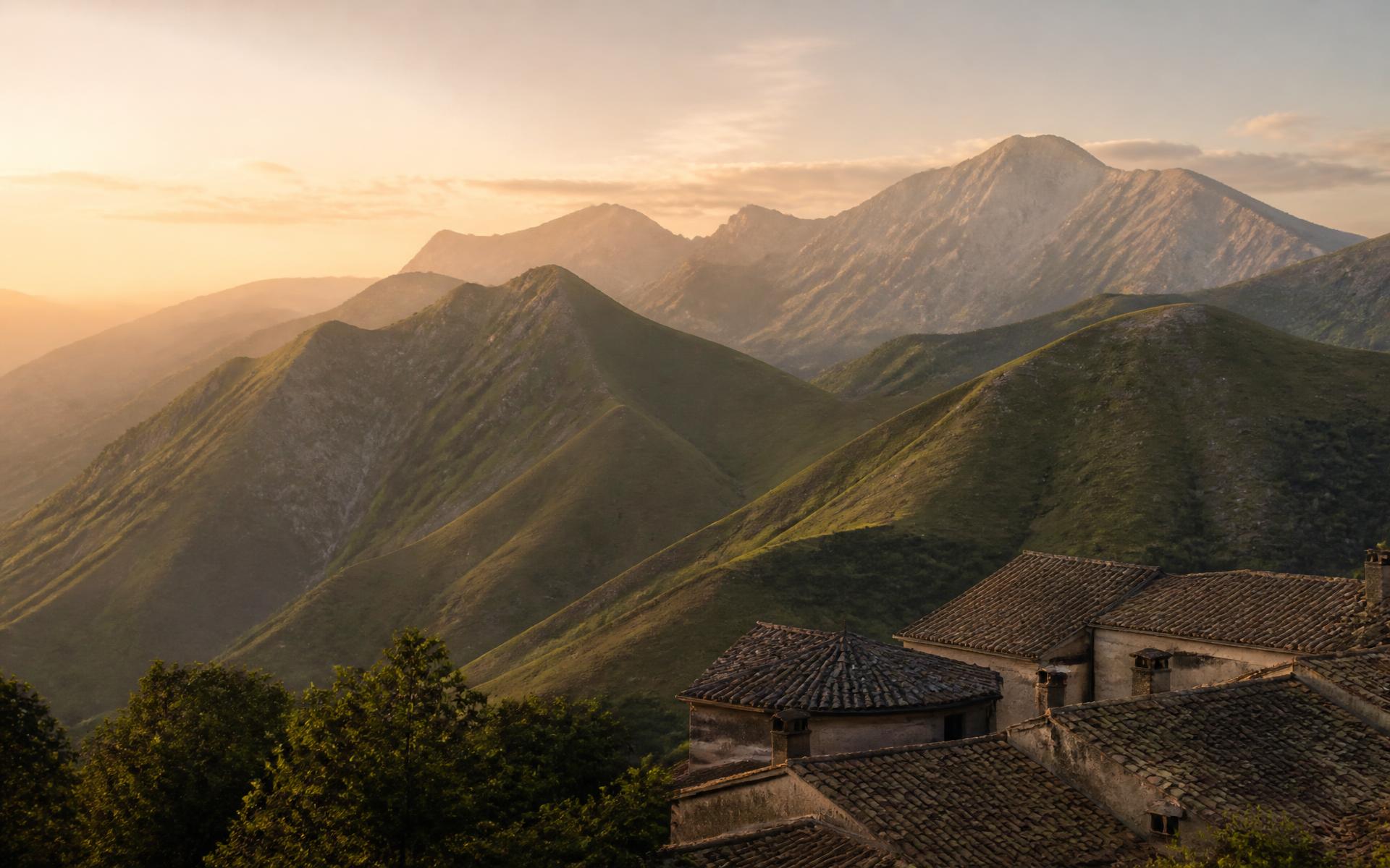 Le creste dei Monti Sibillini illuminate dalla luce dorata del tramonto sopra i tetti di un borgo
