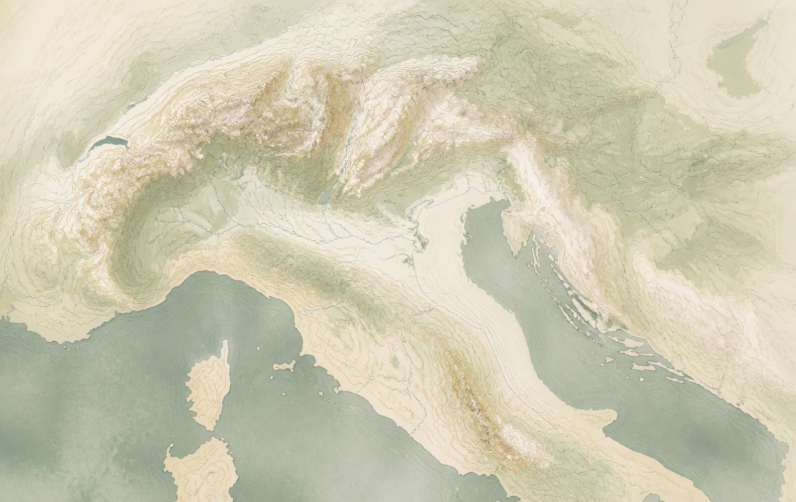 Mappa topografica stilizzata dell'area dei Monti Sibillini con rilievi e valli