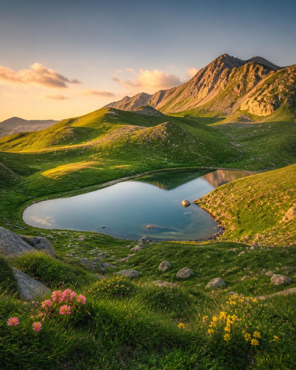 Lago di montagna circondato da prati verdi nei Sibillini in estate